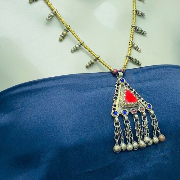 Vintage Triangular Amulet Style Pendant Necklace, Beaded Chain Necklace - Picture 3 of 13